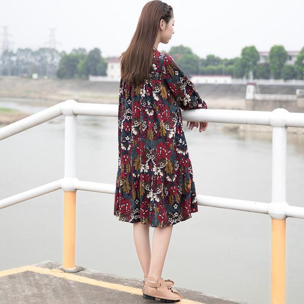 Women Retro Printing Cotton Flower Dress