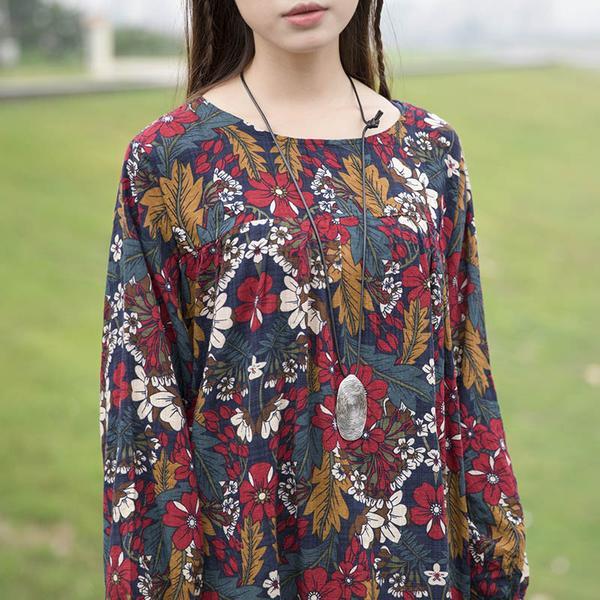 Women Retro Printing Cotton Flower Dress