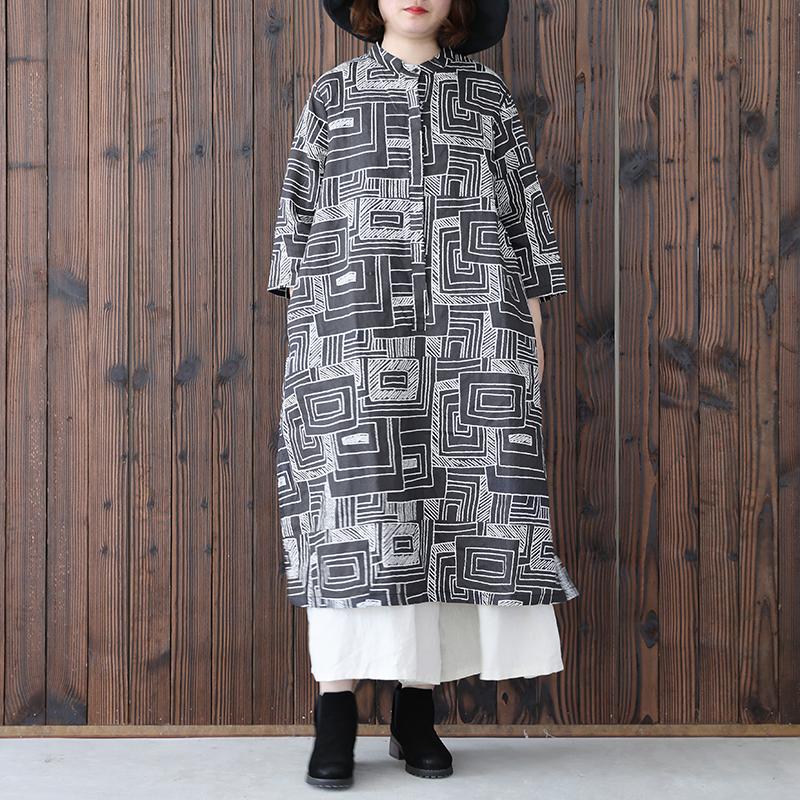 Women Retro Stand Collar Printed Black Dress