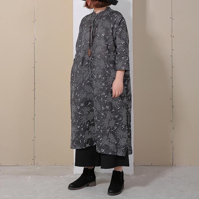 Women Retro Stand Collar Printed Black Dress