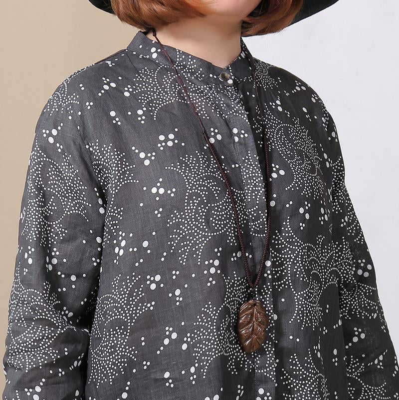 Women Retro Stand Collar Printed Black Dress