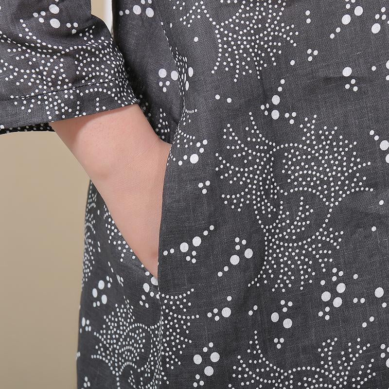 Women Retro Stand Collar Printed Black Dress