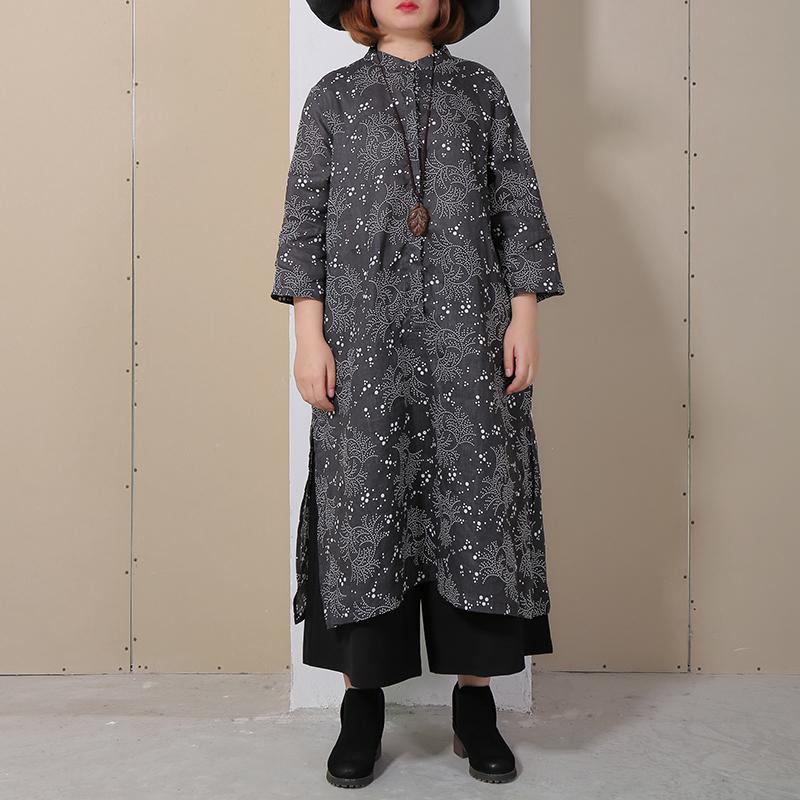 Women Retro Stand Collar Printed Black Dress