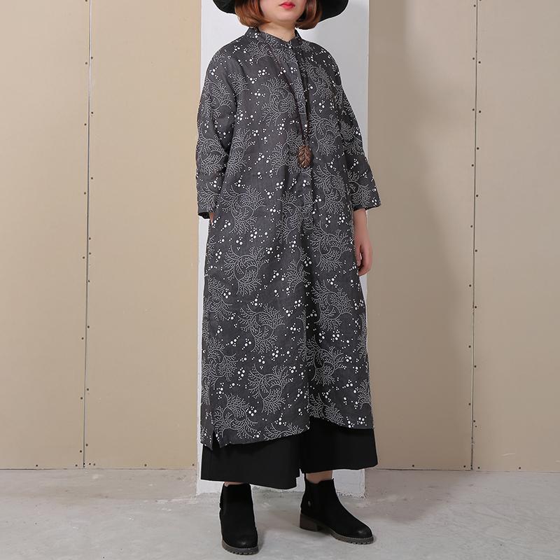 Women Retro Stand Collar Printed Black Dress