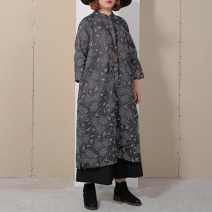 Women Retro Stand Collar Printed Black Dress