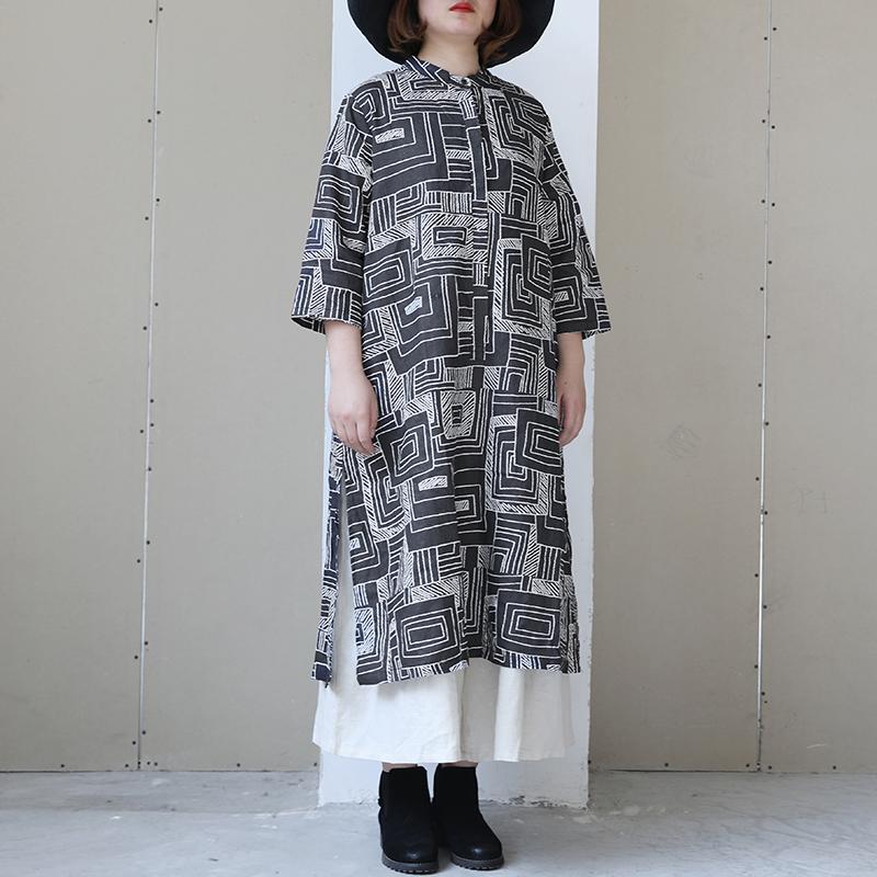 Women Retro Stand Collar Printed Black Dress