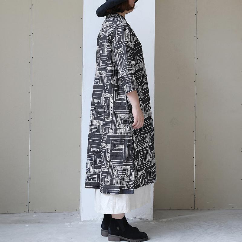 Women Retro Stand Collar Printed Black Dress