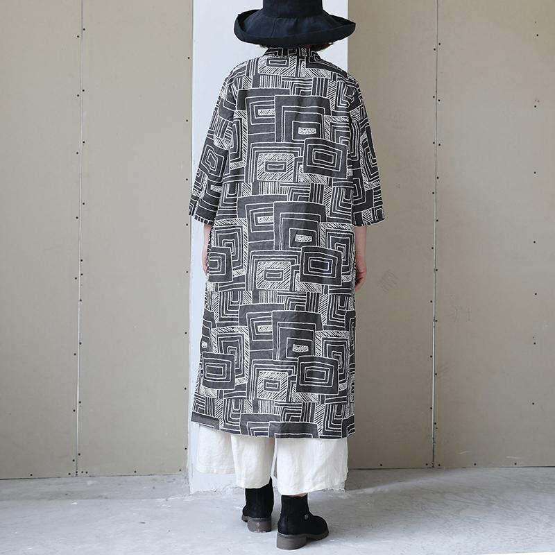 Women Retro Stand Collar Printed Black Dress