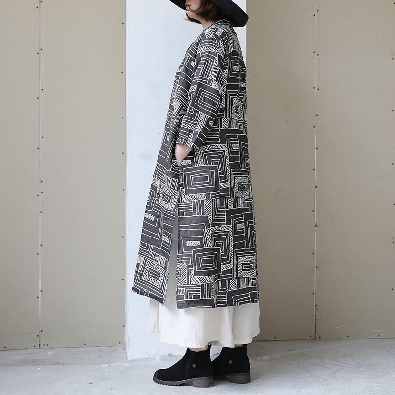 Women Retro Stand Collar Printed Black Dress