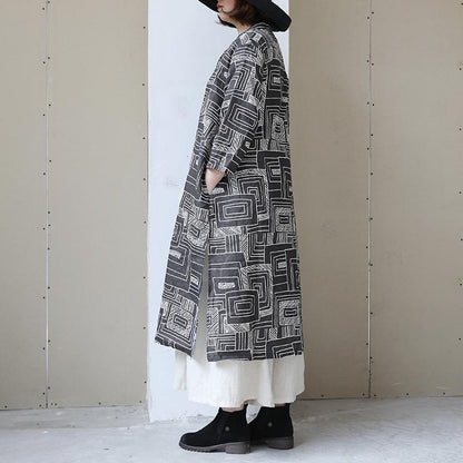 Women Retro Stand Collar Printed Black Dress