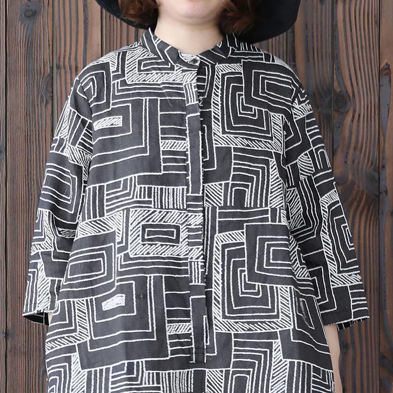 Women Retro Stand Collar Printed Black Dress