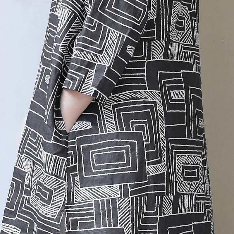 Women Retro Stand Collar Printed Black Dress