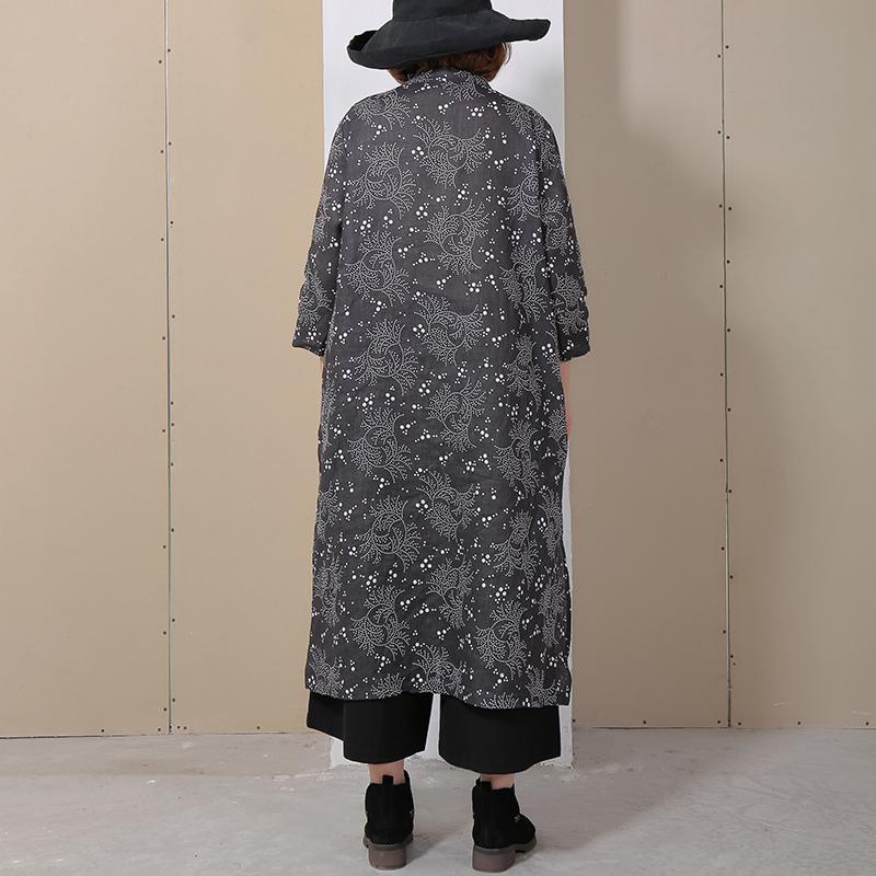 Women Retro Stand Collar Printed Black Dress