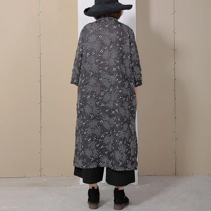 Women Retro Stand Collar Printed Black Dress