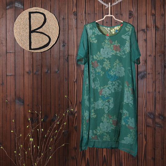 Women Round Neck Floral Casual Summer Loose Dress