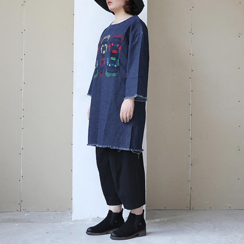 Women Round Neck Long Sleeve Pullover Denim Top