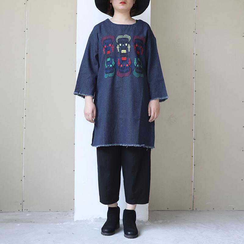 Women Round Neck Long Sleeve Pullover Denim Top