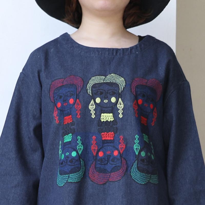 Women Round Neck Long Sleeve Pullover Denim Top