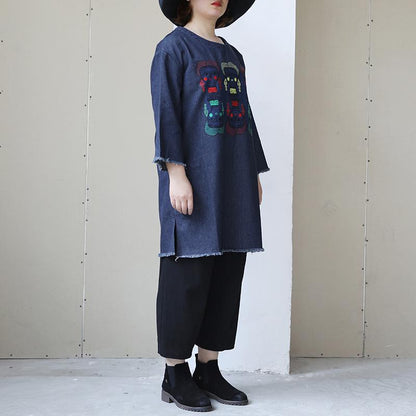 Women Round Neck Long Sleeve Pullover Denim Top
