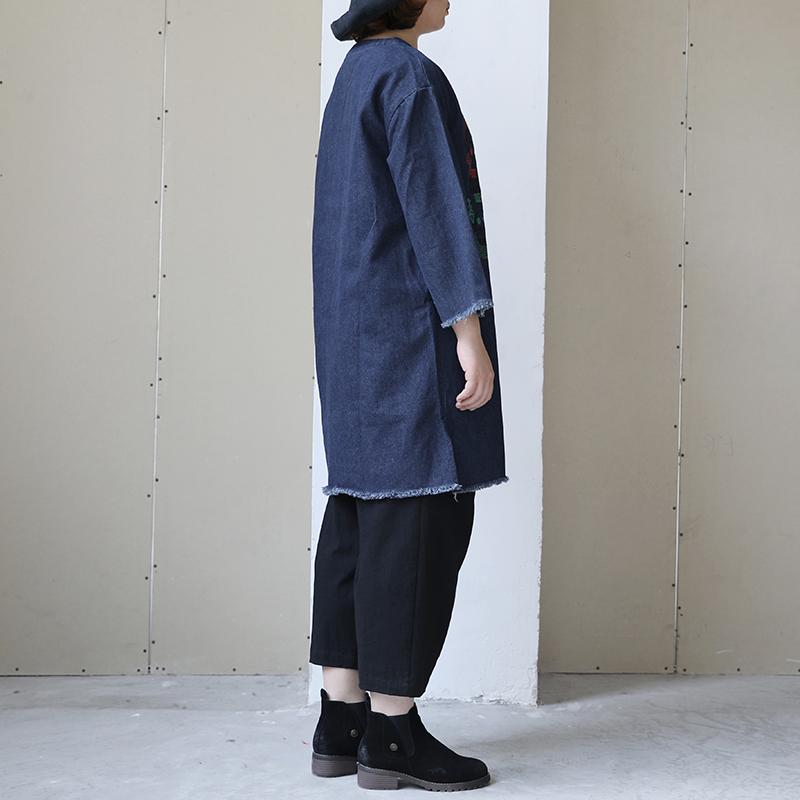 Women Round Neck Long Sleeve Pullover Denim Top