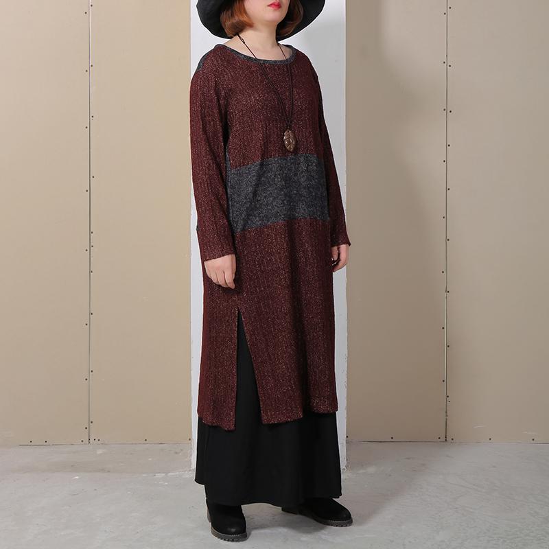 Women Round Neck Long Sleeve Splitting Sweater Dress