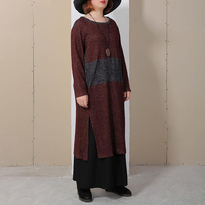 Women Round Neck Long Sleeve Splitting Sweater Dress