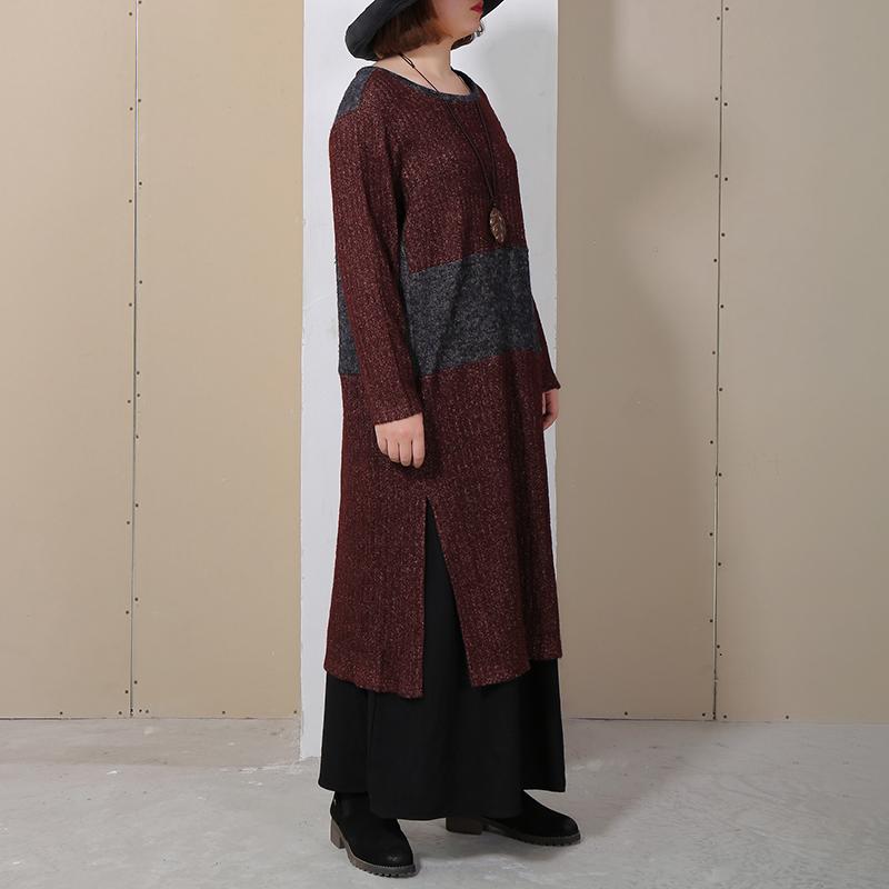 Women Round Neck Long Sleeve Splitting Sweater Dress