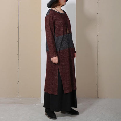 Women Round Neck Long Sleeve Splitting Sweater Dress