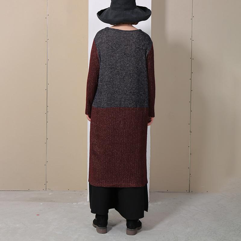 Women Round Neck Long Sleeve Splitting Sweater Dress