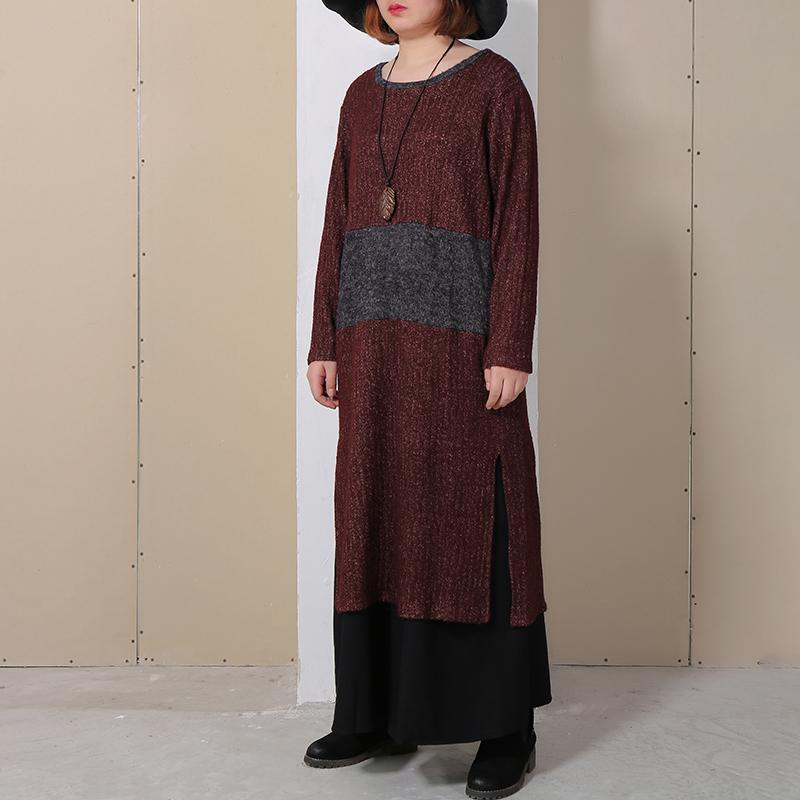 Women Round Neck Long Sleeve Splitting Sweater Dress
