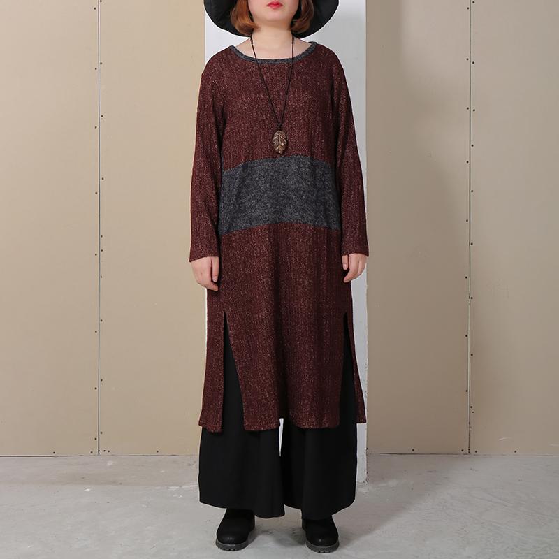 Women Round Neck Long Sleeve Splitting Sweater Dress