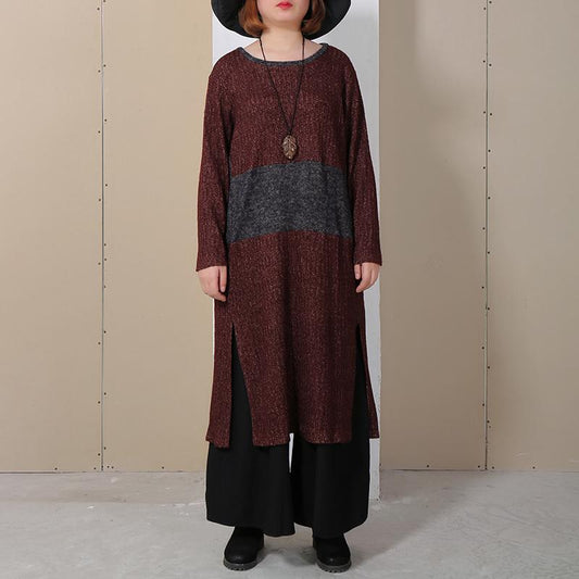 Women Round Neck Long Sleeve Splitting Sweater Dress