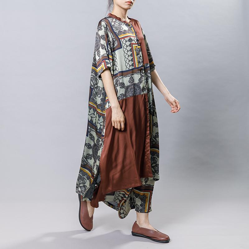 Women Silk Retro Printed Loose Two Piece Set