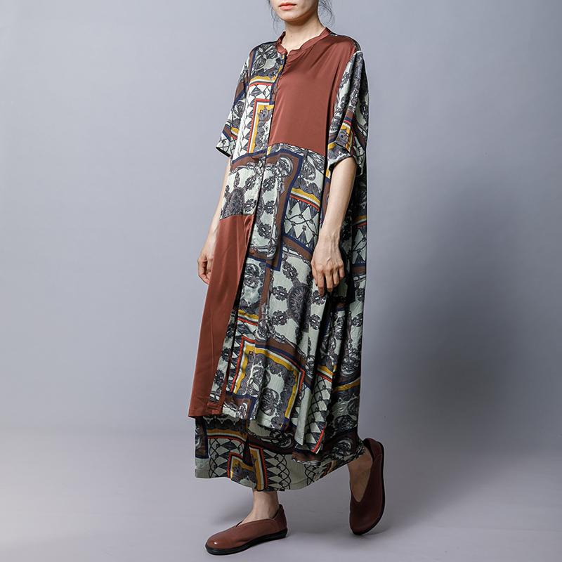 Women Silk Retro Printed Loose Two Piece Set