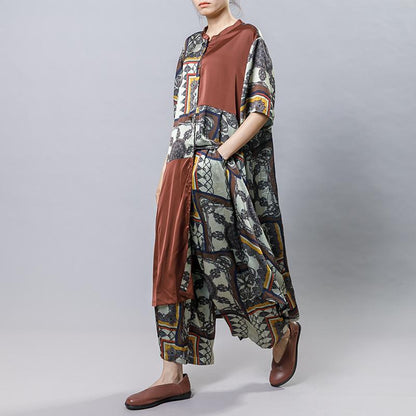Women Silk Retro Printed Loose Two Piece Set