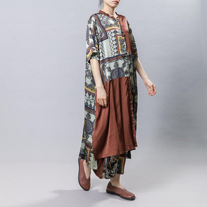 Women Silk Retro Printed Loose Two Piece Set