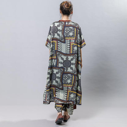Women Silk Retro Printed Loose Two Piece Set