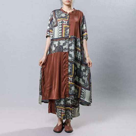 Women Silk Retro Printed Loose Two Piece Set