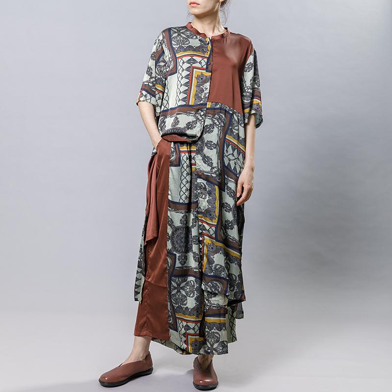Women Silk Retro Printed Loose Two Piece Set