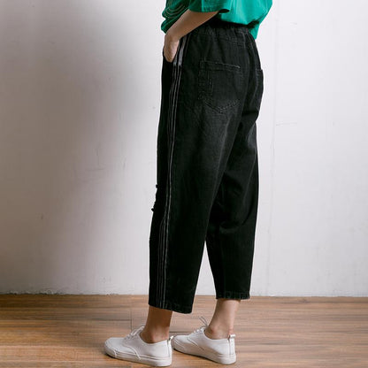 Women Solid Color Frayed Loose Jeans
