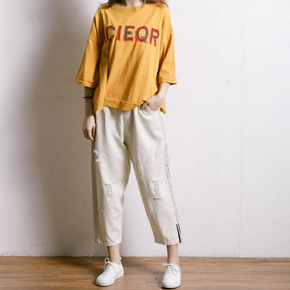 Women Solid Color Frayed Loose Jeans
