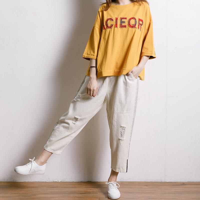 Women Solid Color Frayed Loose Jeans