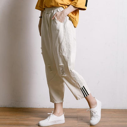 Women Solid Color Frayed Loose Jeans