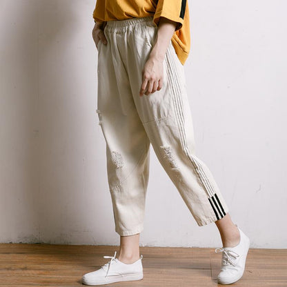 Women Solid Color Frayed Loose Jeans