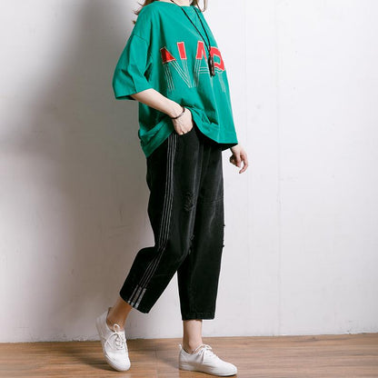 Women Solid Color Frayed Loose Jeans