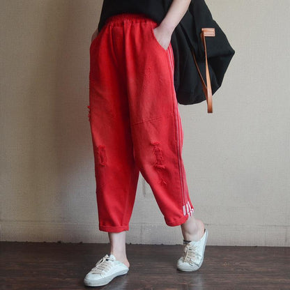 Women Solid Color Frayed Loose Jeans