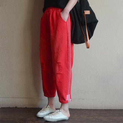 Women Solid Color Frayed Loose Jeans
