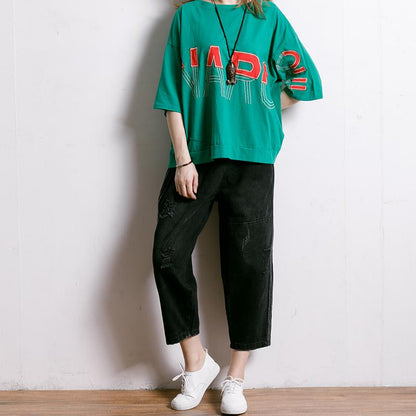 Women Solid Color Frayed Loose Jeans