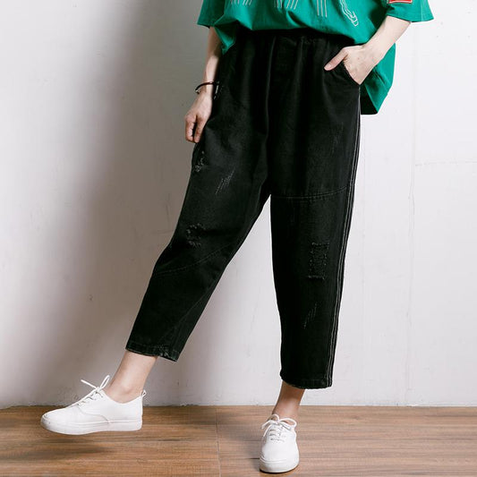 Women Solid Color Frayed Loose Jeans