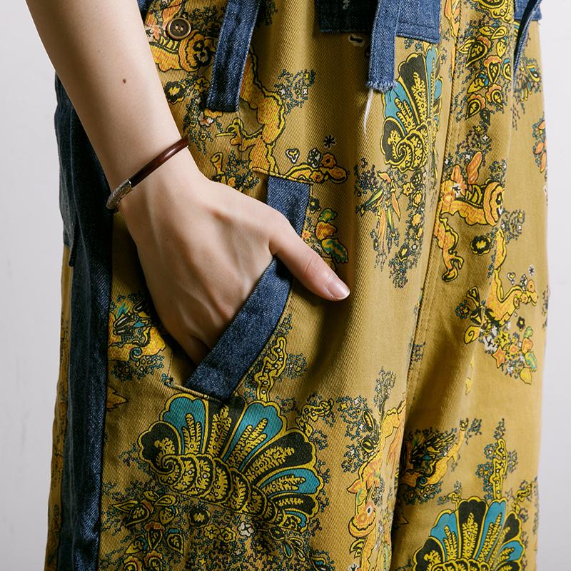 Women Spliced Plant Printed Loose Jumpsuit
